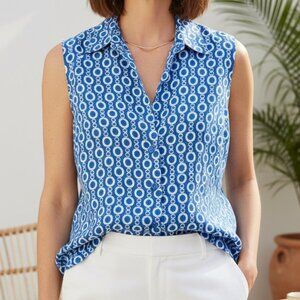 Tweeds Sleeveless 100% Linen Blue White Chain Link Pattern Print Size Large Top